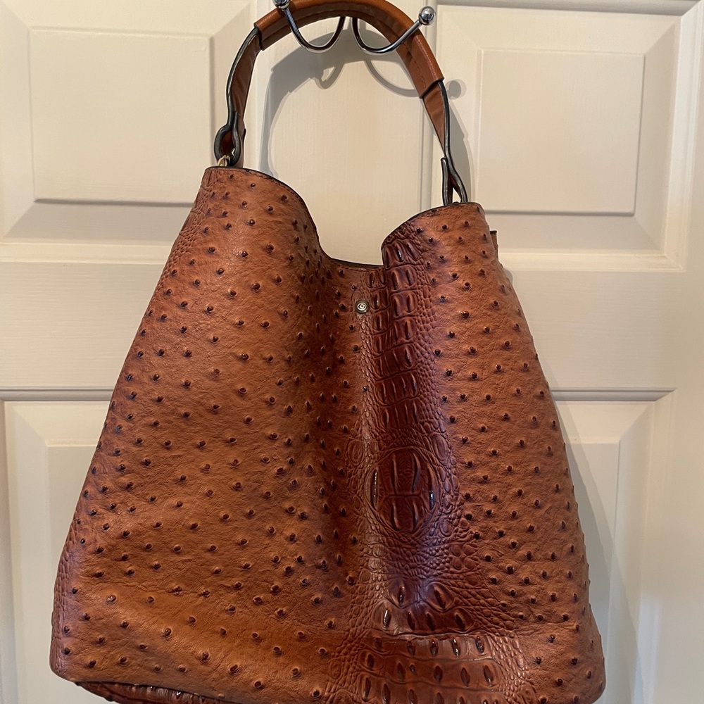 Brown faux leather ostrich shoulder bag-13x13x7